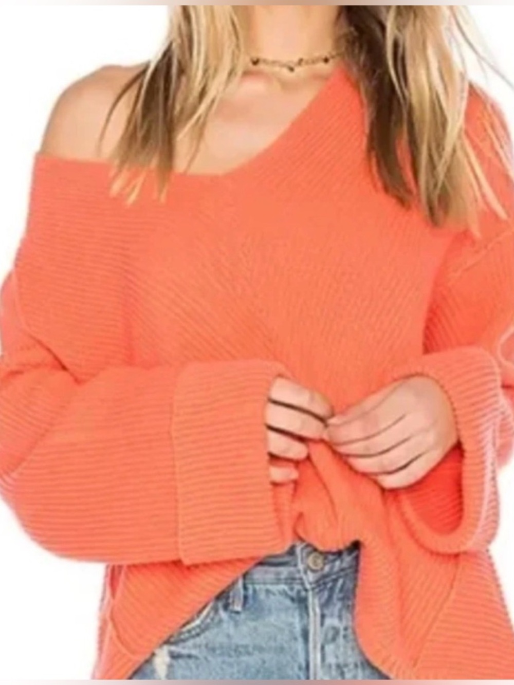 Free People La Brea V-Neck Oversized Cotton Sweater / Coral / XS (fits S/M)